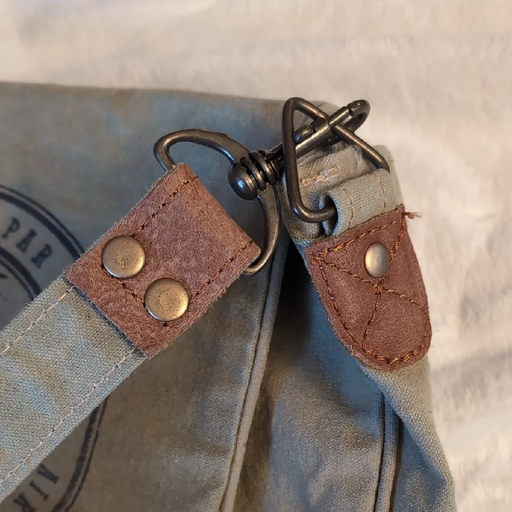 Olive Green Canvas Messenger Bag with Brown Trim and Air Mail Print